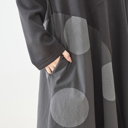 アシンメトリー ドット柄 切替ワンピース 長袖 フレア ゆったり 体型カバー