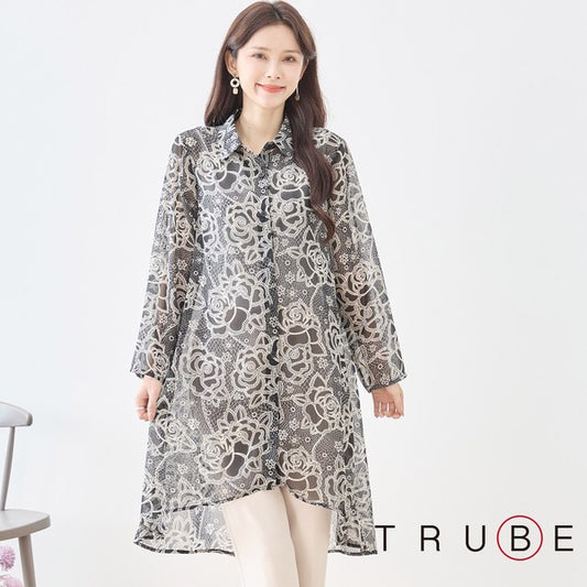 モノトーン フラワー シアーシャツ ロング丈 花柄 羽織り ゆったり 透け感 春夏