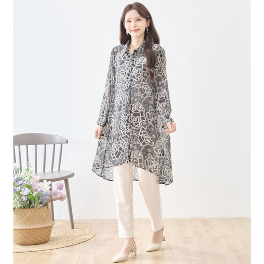 モノトーン フラワー シアーシャツ ロング丈 花柄 羽織り ゆったり 透け感 春夏