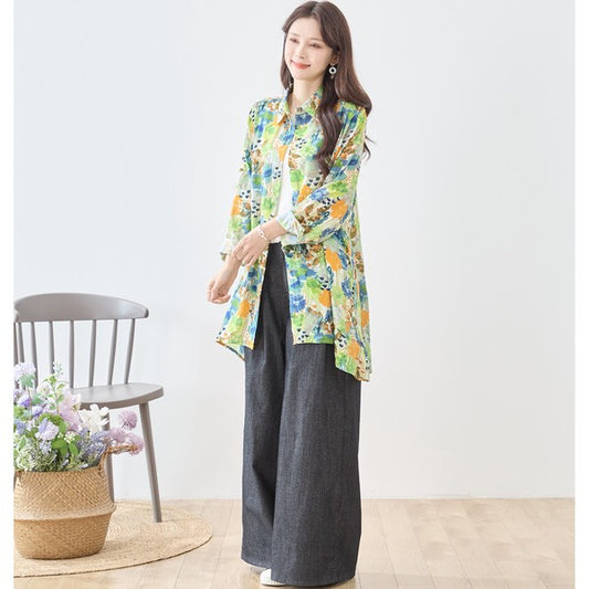 水彩タッチ フラワー柄 ロングシャツ チュニック 長袖 綿100% 羽織り ゆったり 体型カバー 春夏
