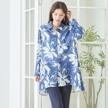 大判 花柄 プリント ロングシャツ チュニック ゆったり 体型カバー 綿100 L-LL
