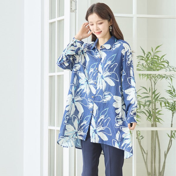 大判 花柄 プリント ロングシャツ チュニック ゆったり 体型カバー 綿100 L-LL
