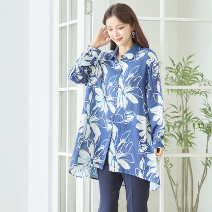 大判 花柄 プリント ロングシャツ チュニック ゆったり 体型カバー 綿100 L-LL