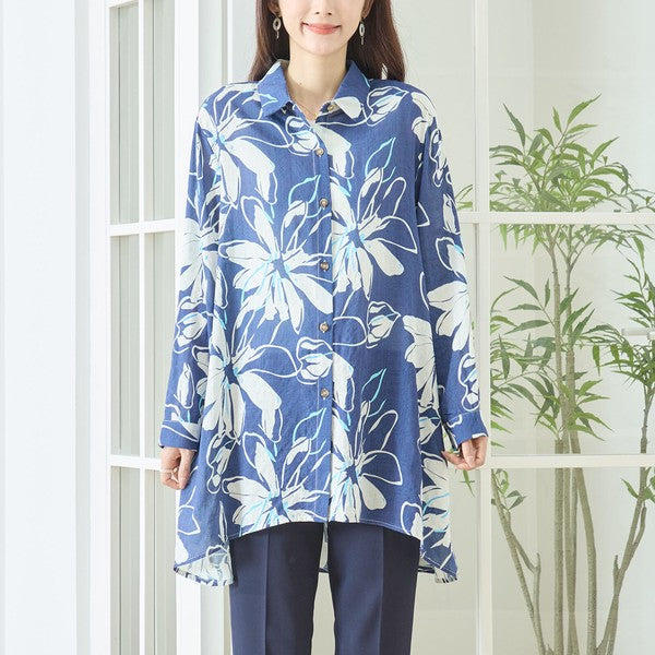 大判 花柄 プリント ロングシャツ チュニック ゆったり 体型カバー 綿100 L-LL