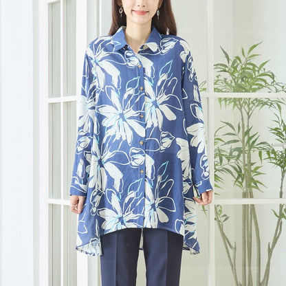 大判 花柄 プリント ロングシャツ チュニック ゆったり 体型カバー 綿100 L-LL