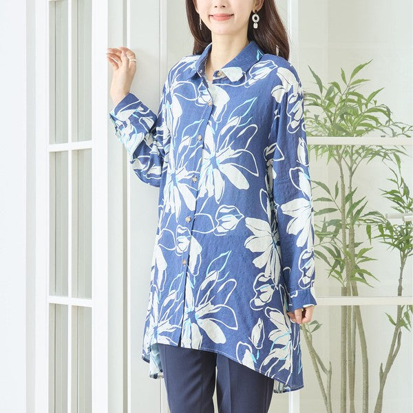 大判 花柄 プリント ロングシャツ チュニック ゆったり 体型カバー 綿100 L-LL