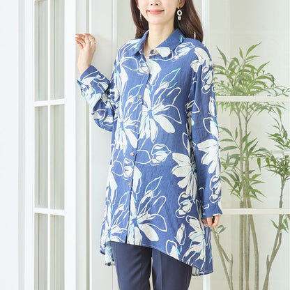 大判 花柄 プリント ロングシャツ チュニック ゆったり 体型カバー 綿100 L-LL