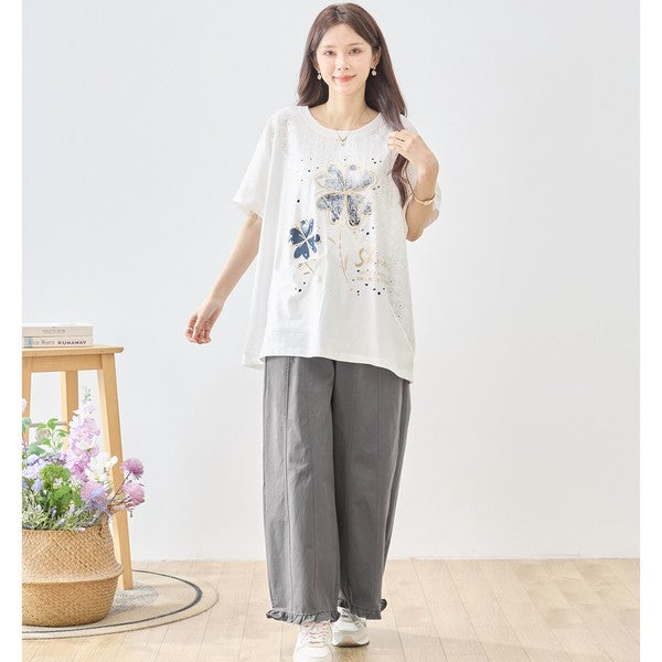 クローバー柄 レース切替 Tシャツ チュニック ゆったり 体型カバー M-L