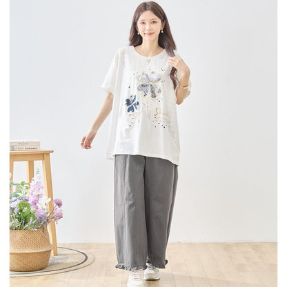 クローバー柄 レース切替 Tシャツ チュニック ゆったり 体型カバー M-L