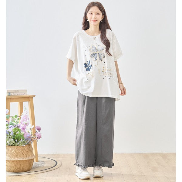 クローバー柄 レース切替 Tシャツ チュニック ゆったり 体型カバー M-L