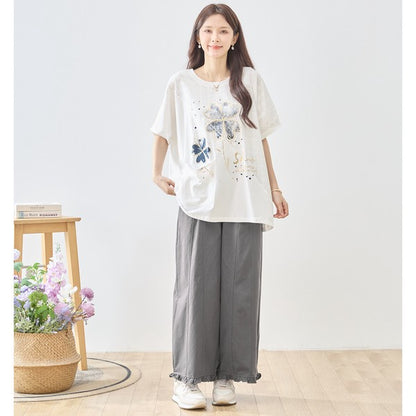 クローバー柄 レース切替 Tシャツ チュニック ゆったり 体型カバー M-L