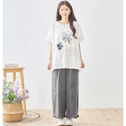 クローバー柄 レース切替 Tシャツ チュニック ゆったり 体型カバー M-L
