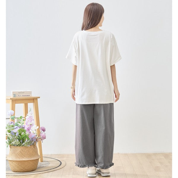 クローバー柄 レース切替 Tシャツ チュニック ゆったり 体型カバー M-L