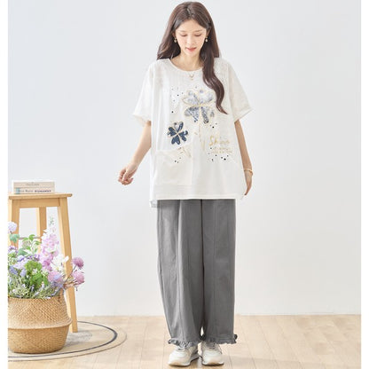 クローバー柄 レース切替 Tシャツ チュニック ゆったり 体型カバー M-L