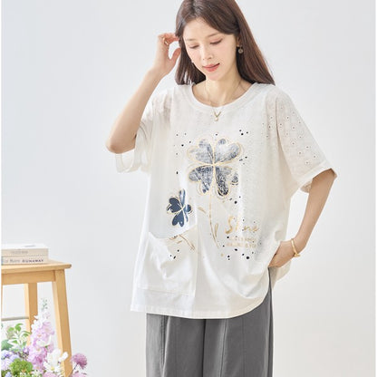 クローバー柄 レース切替 Tシャツ チュニック ゆったり 体型カバー M-L
