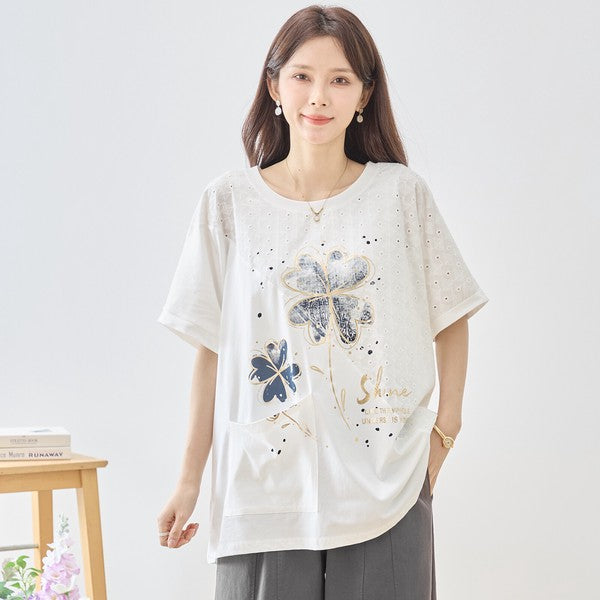 クローバー柄 レース切替 Tシャツ チュニック ゆったり 体型カバー M-L