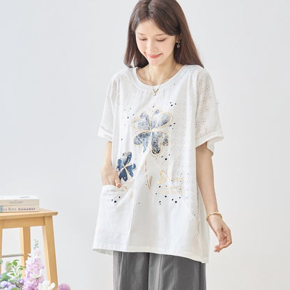 クローバー柄 レース切替 Tシャツ チュニック ゆったり 体型カバー M-L