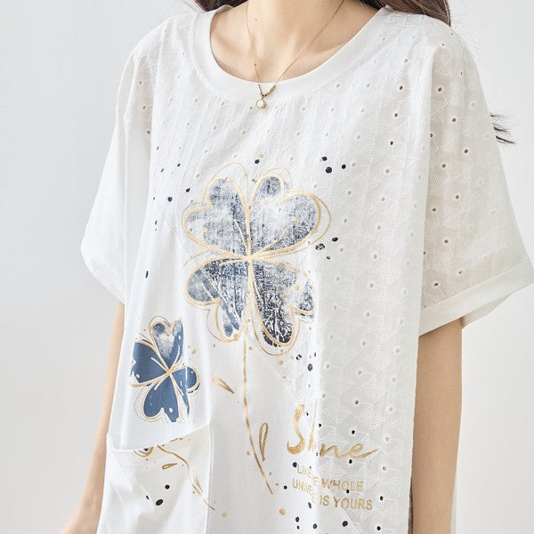 クローバー柄 レース切替 Tシャツ チュニック ゆったり 体型カバー M-L