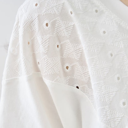 クローバー柄 レース切替 Tシャツ チュニック ゆったり 体型カバー M-L