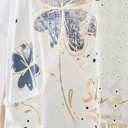 クローバー柄 レース切替 Tシャツ チュニック ゆったり 体型カバー M-L