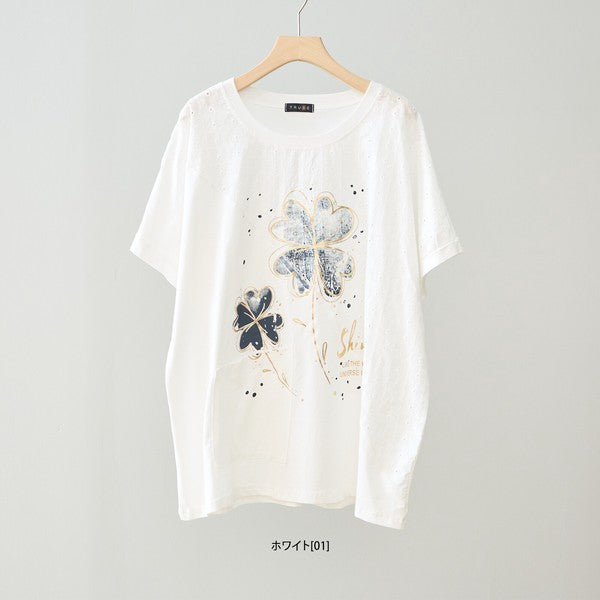 クローバー柄 レース切替 Tシャツ チュニック ゆったり 体型カバー M-L