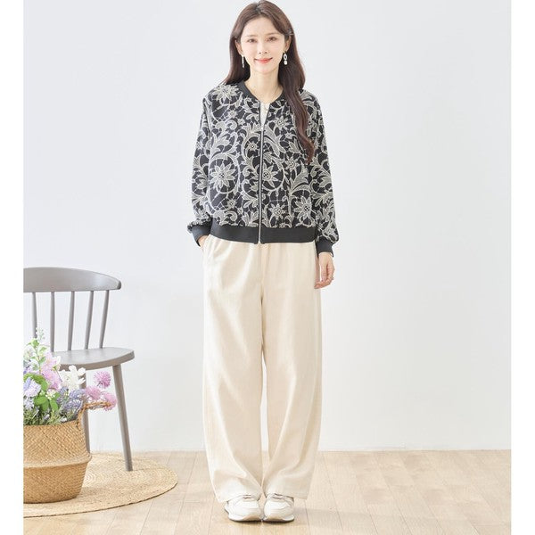 フラワーライン ジップジャケット 花柄 総柄 ノーカラー ブルゾン ライトアウター