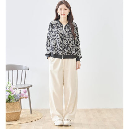 フラワーライン ジップジャケット 花柄 総柄 ノーカラー ブルゾン ライトアウター