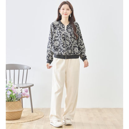 フラワーライン ジップジャケット 花柄 総柄 ノーカラー ブルゾン ライトアウター