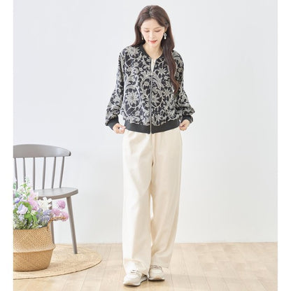 フラワーライン ジップジャケット 花柄 総柄 ノーカラー ブルゾン ライトアウター