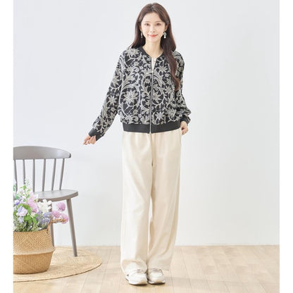 フラワーライン ジップジャケット 花柄 総柄 ノーカラー ブルゾン ライトアウター