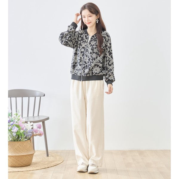 フラワーライン ジップジャケット 花柄 総柄 ノーカラー ブルゾン ライトアウター