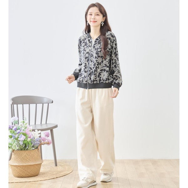 フラワーライン ジップジャケット 花柄 総柄 ノーカラー ブルゾン ライトアウター