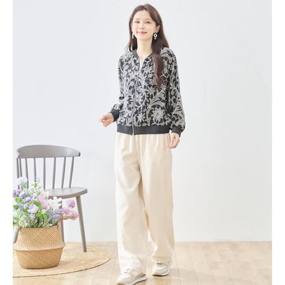 フラワーライン ジップジャケット 花柄 総柄 ノーカラー ブルゾン ライトアウター