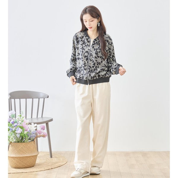 フラワーライン ジップジャケット 花柄 総柄 ノーカラー ブルゾン ライトアウター