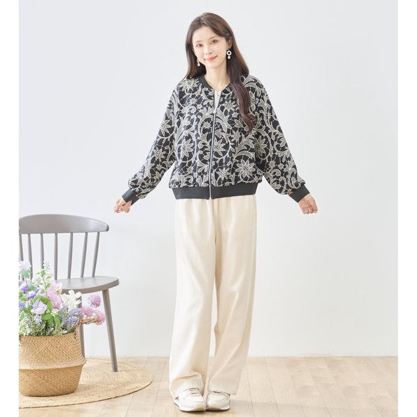 フラワーライン ジップジャケット 花柄 総柄 ノーカラー ブルゾン ライトアウター