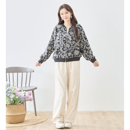 フラワーライン ジップジャケット 花柄 総柄 ノーカラー ブルゾン ライトアウター