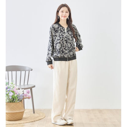 フラワーライン ジップジャケット 花柄 総柄 ノーカラー ブルゾン ライトアウター