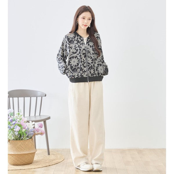 フラワーライン ジップジャケット 花柄 総柄 ノーカラー ブルゾン ライトアウター