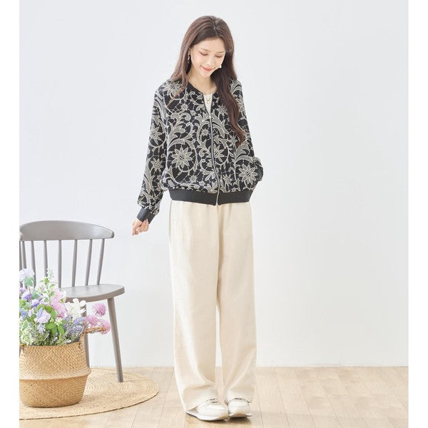 フラワーライン ジップジャケット 花柄 総柄 ノーカラー ブルゾン ライトアウター