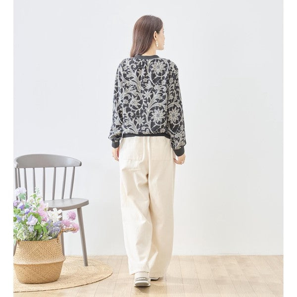 フラワーライン ジップジャケット 花柄 総柄 ノーカラー ブルゾン ライトアウター