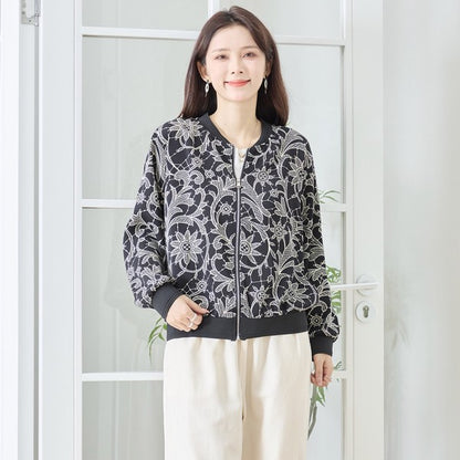 フラワーライン ジップジャケット 花柄 総柄 ノーカラー ブルゾン ライトアウター