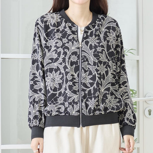 フラワーライン ジップジャケット 花柄 総柄 ノーカラー ブルゾン ライトアウター