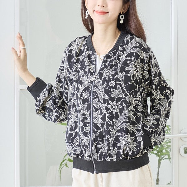 フラワーライン ジップジャケット 花柄 総柄 ノーカラー ブルゾン ライトアウター