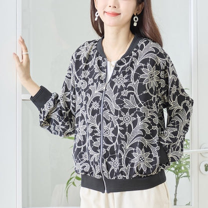 フラワーライン ジップジャケット 花柄 総柄 ノーカラー ブルゾン ライトアウター