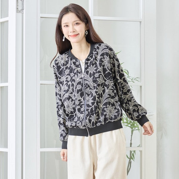 フラワーライン ジップジャケット 花柄 総柄 ノーカラー ブルゾン ライトアウター