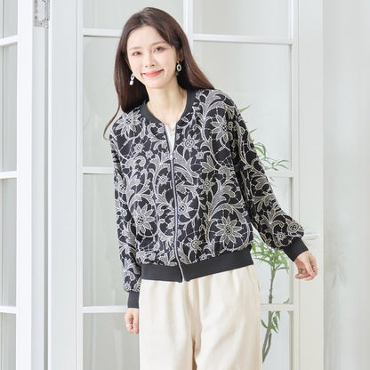 フラワーライン ジップジャケット 花柄 総柄 ノーカラー ブルゾン ライトアウター