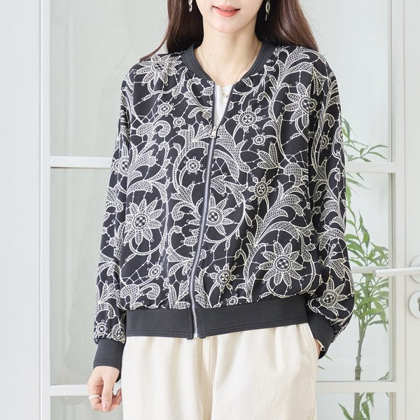 フラワーライン ジップジャケット 花柄 総柄 ノーカラー ブルゾン ライトアウター