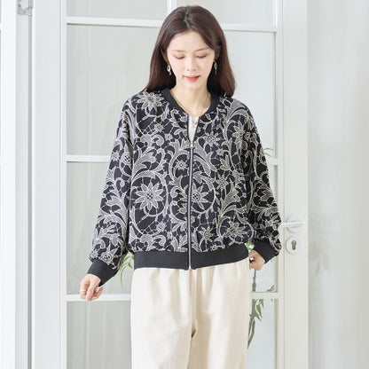 フラワーライン ジップジャケット 花柄 総柄 ノーカラー ブルゾン ライトアウター