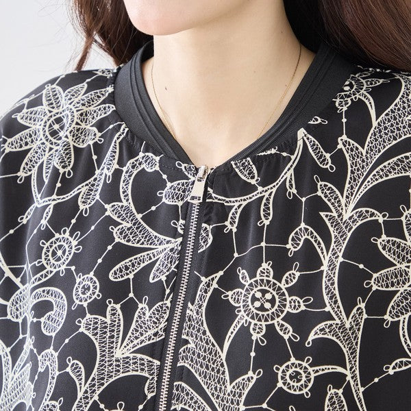 フラワーライン ジップジャケット 花柄 総柄 ノーカラー ブルゾン ライトアウター