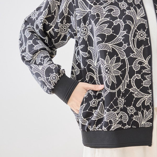 フラワーライン ジップジャケット 花柄 総柄 ノーカラー ブルゾン ライトアウター